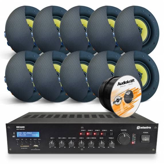 10 x Black AudioKraft PCS-60T Premium Ceiling Speakers With RM360D Amplifier & Cable