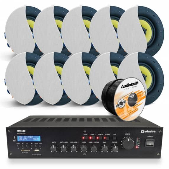 10 x White AudioKraft PCS-60T Premium Ceiling Speakers With RM360D Amplifier & Cable