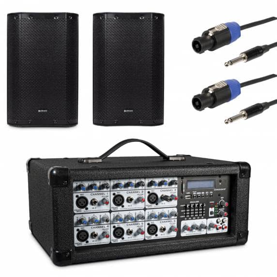 120W Powered PA Mixer Amp with 2x Citronic 8" Passive PA Speakers & Cables