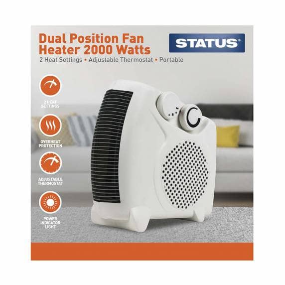 2000w Dual Position Fan Heater with 2 Heat Settings & Adjustable Thermostat - White