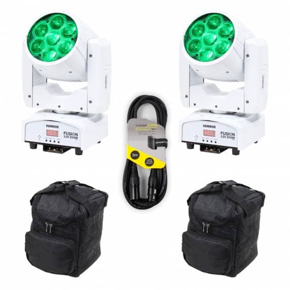 2x Equinox Fusion 120 Zoom MKII (White) with Bags & Cable Bundle