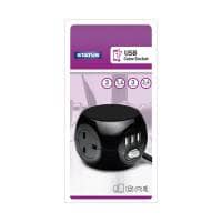 Status 3 Way 1.4 Metre - Cube Socket with 3 x USB Ports - Black