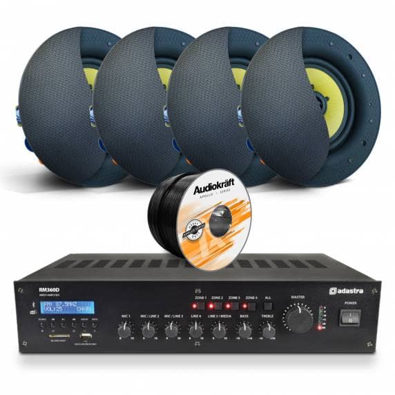 4 x Black AudioKraft PCS-60T Premium Ceiling Speakers With RM360D Amplifier & Cable