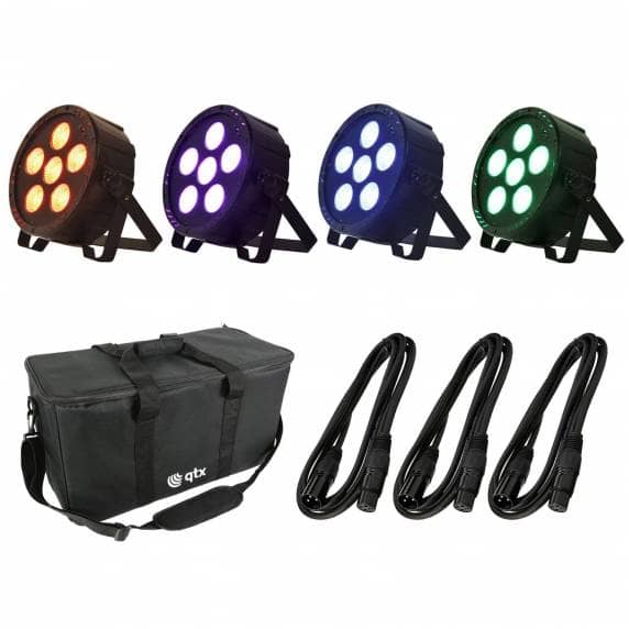4 x QTX PAR-180 RGB PAR Can With Carry Bag & Leads 
