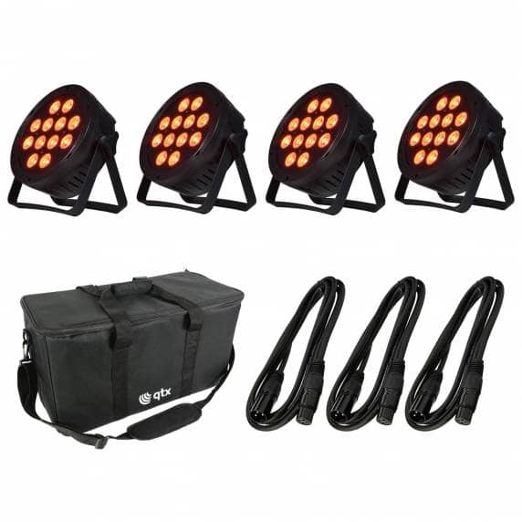 4 x QTX PAR-186 RGBWA PAR Cans With U/V, Carry Bag & Leads