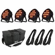 4 x QTX PAR-186 RGBWA PAR Cans With U/V, Carry Bag & Leads