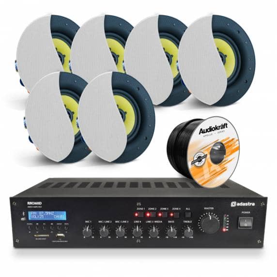 6 x White AudioKraft PCS-60T Premium Ceiling Speakers With RM360D Amplifier & Cable