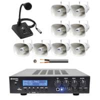 Adastra 8 Speaker Outdoor PA System with Mic - 8 x Weatherproof Horn Speaker
