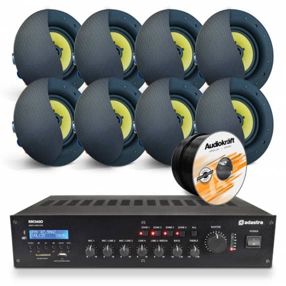 8 x Black AudioKraft PCS-60T Premium Ceiling Speakers With RM360D Amplifier & Cable