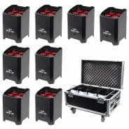 8 x LEDJ Rapid QB1 HEX LED Battery Uplighters (Black) With Charge Flight Case
