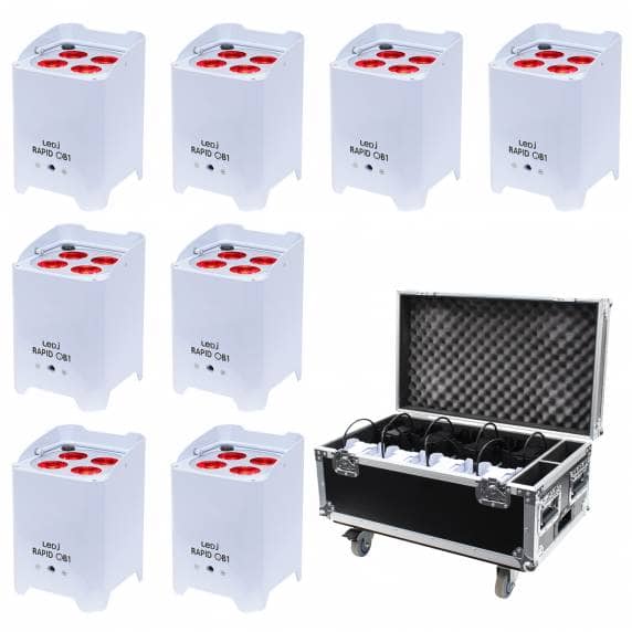 8 x LEDJ Rapid QB1 HEX LED Battery Uplighters (White) With Charge Flight Case