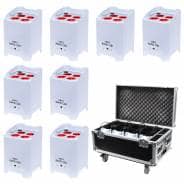 8 x LEDJ Rapid QB1 HEX LED Battery Uplighters (White) With Charge Flight Case