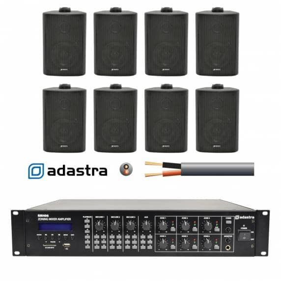 Adastra 6-Zone Background Music System with Bluetooth & FM Radio - 8x Wall Speakers