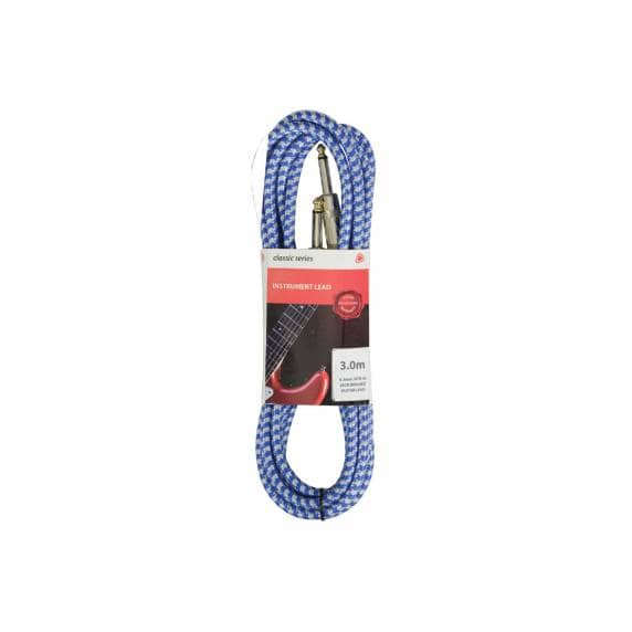 Chord Classic Retro Braided Guitar Lead – 6.3mm Mono Jack Plug (3m – Blue/White)