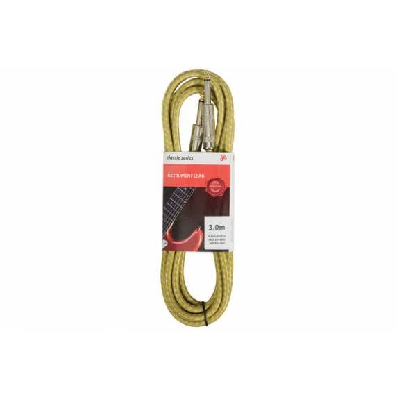 Chord Classic Retro Braided Guitar Lead – 6.3mm Mono Jack Plug (3m – Grey/Gold)
