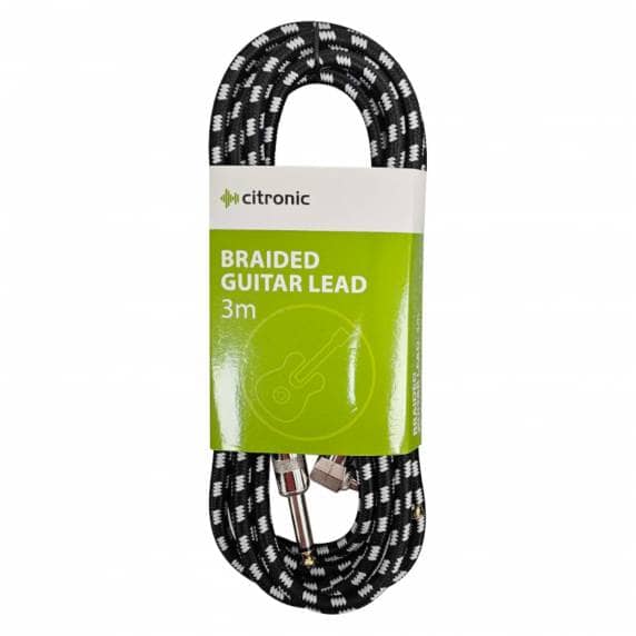 Citronic Braided 6.3mm Right Angled Mono Jack to Jack Cable, 3m - Black/White