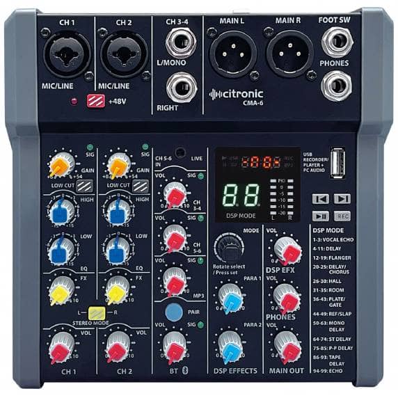Citronic CMA-6 6-Channel Compact Mixer with Bluetooth, DSP & USB Record