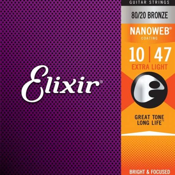 Elixir 80/20 Bronze Acoustic Strings with NANOWEB Coating, Extra Light (.010-.047)
