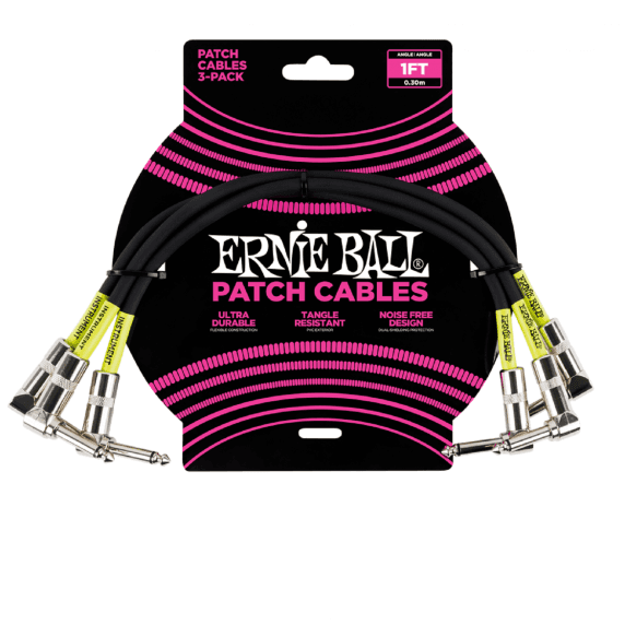 Ernie Ball 6075 Patch Cable, 1ft/30cm, Black, 3 Pack