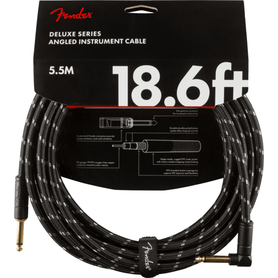 Fender 5.5M (18.6') Deluxe Series Instrument Cable - Straight/Angle, Black Tweed