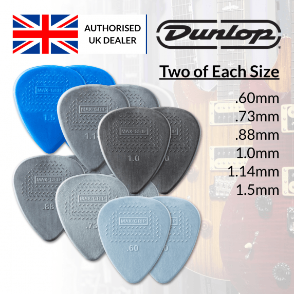 Jim Dunlop Nylon Standard Max Grip Picks - Two of Each Size - 12 Pack