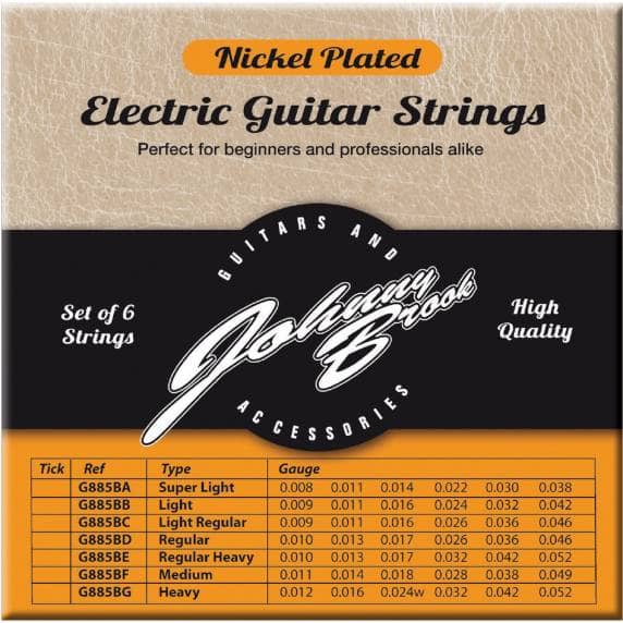 Johnny Brook Nickel Plated Electric Guitar Strings, Super Light - Set of 6