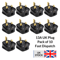Inta Audio 10x 13A UK PLUG 3-PIN FUSED BLACK MAINS PLUG PLASTIC BULK PACK