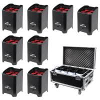 8 x LEDJ Rapid QB1 HEX LED Battery Uplighters (Black) With Charge Flight Case
