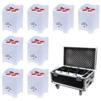 8 x LEDJ Rapid QB1 HEX LED Battery Uplighters (White) With Charge Flight Case